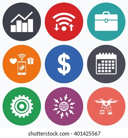 Wifi, mobile payments and drones icons. Business icons. Graph chart and case signs. Dollar currency and gear cogwheel symbols. Calendar symbol.