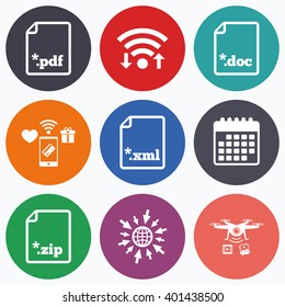 Wifi, mobile payments and drones icons. Download document icons. File extensions symbols. PDF, ZIP zipped, XML and DOC signs. Calendar symbol.