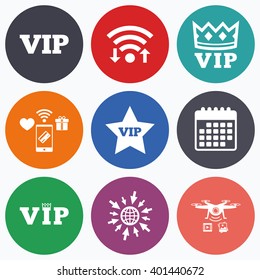 Wifi, mobile payments and drones icons. VIP icons. Very important person symbols. King crown and star signs. Calendar symbol.