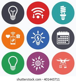 Wifi, mobile payments and drones icons. Light lamp icons. Fluorescent lamp bulb symbols. Energy saving. Idea and success sign. Calendar symbol.