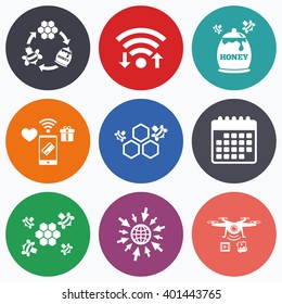 Wifi, mobile payments and drones icons. Honey icon. Honeycomb cells with bees symbol. Sweet natural food signs. Calendar symbol.