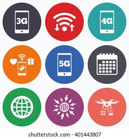 Wifi, mobile payments and drones icons. Mobile telecommunications icons. 3G, 4G and 5G technology symbols. World globe sign. Calendar symbol.