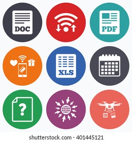 Wifi, mobile payments and drones icons. File document and question icons. XLS, PDF and DOC file symbols. Download or save doc signs. Calendar symbol.
