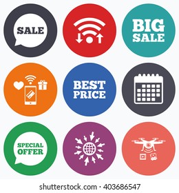 Wifi, mobile payments and drones icons. Sale icons. Special offer speech bubbles symbols. Big sale and best price shopping signs. Calendar symbol.
