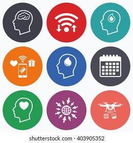 Wifi, mobile payments and drones icons. Head with brain icon. Male human think symbols. Blood drop donation sign. Love heart. Calendar symbol.