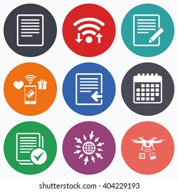 Wifi, mobile payments and drones icons. File document icons. Upload file symbol. Edit content with pencil sign. Select file with checkbox. Calendar symbol.