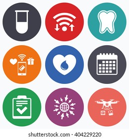Wifi, mobile payments and drones icons. Medical icons. Tooth, test tube, blood donation and checklist signs. Laboratory equipment symbol. Dental care. Calendar symbol.