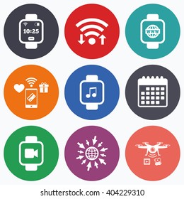 Wifi, mobile payments and drones icons. Smart watch icons. Wrist digital time watch symbols. Music, Video, Globe internet and wi-fi signs. Calendar symbol.