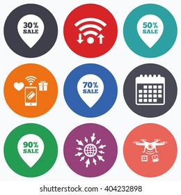 Wifi, mobile payments and drones icons. Sale pointer tag icons. Discount special offer symbols. 30%, 50%, 70% and 90% percent sale signs. Calendar symbol.