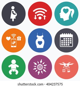 Wifi, mobile payments and drones icons. Maternity icons. Baby infant, pregnancy and dress signs. Head with heart symbol. Calendar symbol.