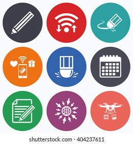Wifi, mobile payments and drones icons. Pencil icon. Edit document file. Eraser sign. Correct drawing symbol. Calendar symbol.