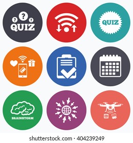 Wifi, mobile payments and drones icons. Quiz icons. Brainstorm or human think. Checklist symbol. Survey poll or questionnaire feedback form. Questions and answers game sign. Calendar symbol.