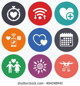 Wifi, mobile payments and drones icons. Valentine day love icons. Love heart timer symbol. Couple lovers sign. Add new love relationship. Calendar symbol.