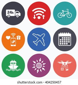 Wifi, mobile payments and drones icons. Cargo truck and shipping icons. Shipping and eco bicycle delivery signs. Transport symbols. 24h service. Calendar symbol.