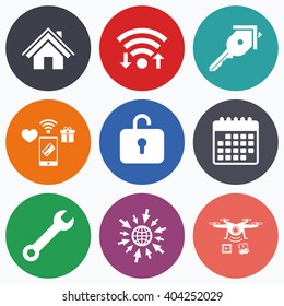 Wifi, mobile payments and drones icons. Home key icon. Wrench service tool symbol. Locker sign. Main page web navigation. Calendar symbol.