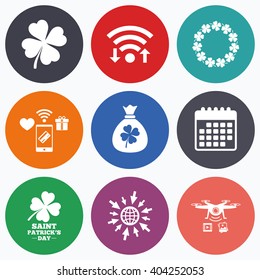 Wifi, mobile payments and drones icons. Saint Patrick day icons. Money bag with clover sign. Wreath of quatrefoil clovers. Symbol of good luck. Calendar symbol.