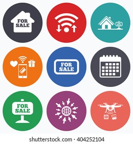 Wifi, mobile payments and drones icons. For sale icons. Real estate selling signs. Home house symbol. Calendar symbol.