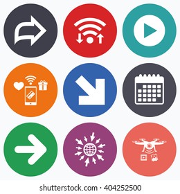 Wifi, mobile payments and drones icons. Arrow icons. Next navigation arrowhead signs. Direction symbols. Calendar symbol.