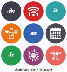 Wifi, mobile payments and drones icons. Top-level internet domain icons. De, It, Es and Fr symbols. Unique national DNS names. Calendar symbol.