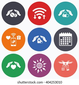 Wifi, mobile payments and drones icons. Hands insurance icons. Health medical insurance symbols. Pills drugs and tablets bottle signs. Calendar symbol.