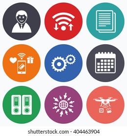 Wifi, mobile payments and drones icons. Accounting workflow icons. Human silhouette, cogwheel gear and documents folders signs symbols. Calendar symbol.