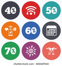 Wifi, mobile payments and drones icons. Sale discount icons. Special offer price signs. 40, 50, 60 and 70 percent off reduction symbols. Calendar symbol.