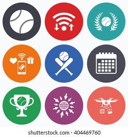 Wifi, mobile payments and drones icons. Baseball sport icons. Ball with glove and two crosswise bats signs. Winner award cup symbol. Calendar symbol.