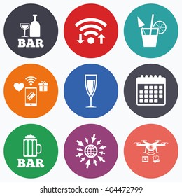Wifi, mobile payments and drones icons. Bar or Pub icons. Glass of beer and champagne signs. Alcohol drinks and cocktail symbols. Calendar symbol.