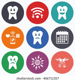 Wifi, mobile payments and drones icons. Tooth smile face icons. Happy, sad, cry signs. Happy smiley chat symbol. Sadness depression and crying signs. Calendar symbol.