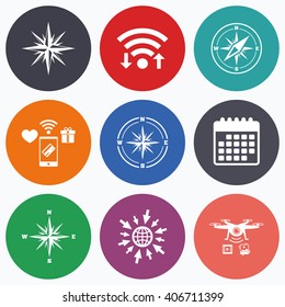 Wifi, mobile payments and drones icons. Windrose navigation icons. Compass symbols. Coordinate system sign. Calendar symbol.