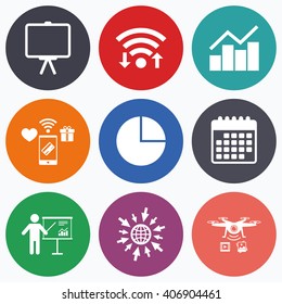 Wifi, mobile payments and drones icons. Diagram graph Pie chart icon. Presentation billboard symbol. Man standing with pointer sign. Calendar symbol.