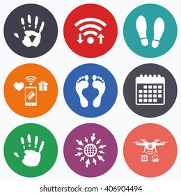 Wifi, mobile payments and drones icons. Hand and foot print icons. Imprint shoes and barefoot symbols. Stop do not enter sign. Calendar symbol.