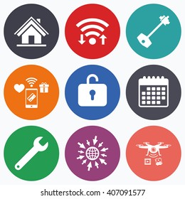Wifi, mobile payments and drones icons. Home key icon. Wrench service tool symbol. Locker sign. Main page web navigation. Calendar symbol.