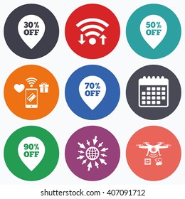 Wifi, mobile payments and drones icons. Sale pointer tag icons. Discount special offer symbols. 30%, 50%, 70% and 90% percent off signs. Calendar symbol.