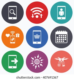 Wifi, mobile payments and drones icons. Phone icons. Smartphone video call sign. Search, online shopping symbols. Outcoming call. Calendar symbol.