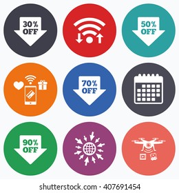 Wifi, mobile payments and drones icons. Sale arrow tag icons. Discount special offer symbols. 30%, 50%, 70% and 90% percent off signs. Calendar symbol.