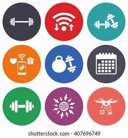 Wifi, mobile payments and drones icons. Dumbbells sign icons. Fitness sport symbols. Gym workout equipment. Calendar symbol.