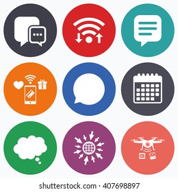Wifi, mobile payments and drones icons. Chat icons. Comic speech bubble signs. Communication think symbol. Calendar symbol.