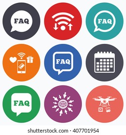 Wifi, mobile payments and drones icons. FAQ information icons. Help speech bubbles symbols. Circle and square talk signs. Calendar symbol.