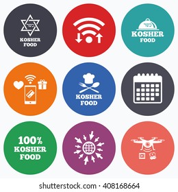 Wifi, mobile payments and drones icons. Kosher food product icons. Chef hat with fork and spoon sign. Star of David. Natural food symbols. Calendar symbol.