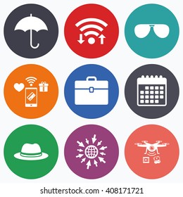 Wifi, mobile payments and drones icons. Clothing accessories icons. Umbrella and sunglasses signs. Headdress hat with business case symbols. Calendar symbol.