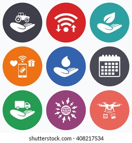 Wifi, mobile payments and drones icons. Helping hands icons. Agricultural tractor insurance symbol. Delivery truck sign. Save nature leaf and water drop. Calendar symbol.