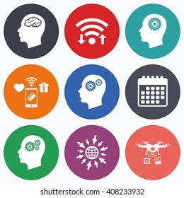 Wifi, mobile payments and drones icons. Head with brain icon. Male human think symbols. Cogwheel gears signs. Calendar symbol.