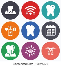 Wifi, mobile payments and drones icons. Dental care icons. Caries tooth sign. Tooth endosseous implant symbol. Parodontosis gingivitis sign. Calendar symbol.