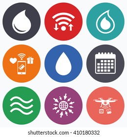 Wifi, mobile payments and drones icons. Water drop icons. Tear or Oil drop symbols. Calendar symbol.