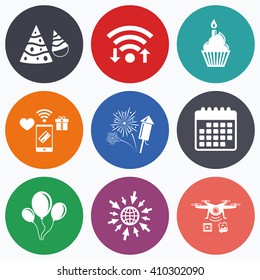 Wifi, mobile payments and drones icons. Birthday party icons. Cake, balloon, hat and muffin signs. Fireworks with rocket symbol. Cupcake with candle. Calendar symbol.