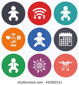 Wifi, Mobile Payments And Drones Icons. Newborn Icons. Baby Infant Or Toddler Symbols. Child Silhouette. Calendar Symbol.