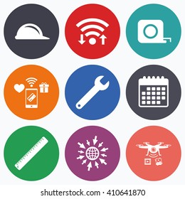 Wifi, mobile payments and drones icons. Construction helmet and wrench key tool icons. Ruler and tape measure roulette sign symbols. Calendar symbol.