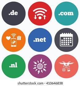 Wifi, mobile payments and drones icons. Top-level internet domain icons. De, Com, Net and Nl symbols. Unique national DNS names. Calendar symbol.