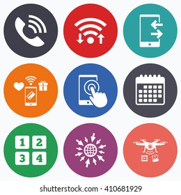 Wifi, mobile payments and drones icons. Phone icons. Touch screen smartphone sign. Call center support symbol. Cellphone keyboard symbol. Incoming and outcoming calls. Calendar symbol.